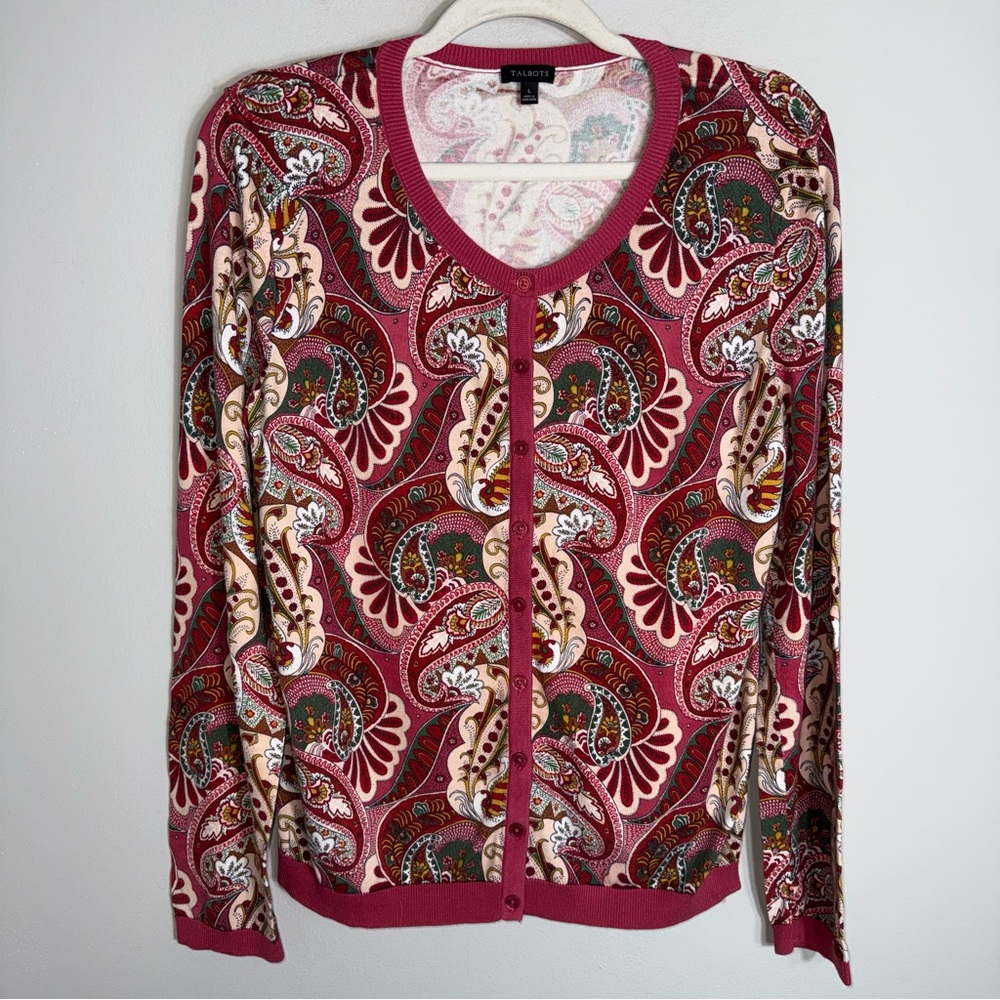Talbots Cotton Blend Cardigan Sweater-Paisley-Long Sleeves-Lightweight-Large